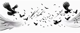 2 birds being chased through the air by an eagle, they each trail a graphic line behind them, and lost feathers, black on white vector