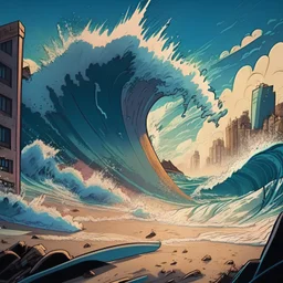 from sandy beach the biggest waves of the ocean can be seen splashing morning in vampire city cartoon