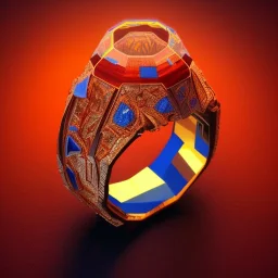 Ring made by wood roots and shreds of glass, orange diamonds sparkles, red rubi fragments around, blue lights reflexes, complex structure, gold details, intricate ring pattern,Unreal Engine 5, lens macro,sharp focus, realistic, hyper detailed, studio lighting, neon light ambient, cinematic