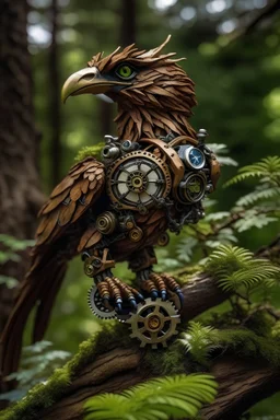 steam punk Eagle in all natural forest on a all natural tree branch framed