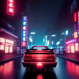 nissan skyline r34; in an alternate universe in tokyo; cyberpunk; realistic; rain; neon signs