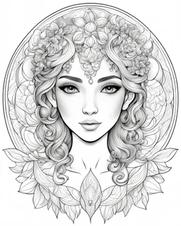 outline art for a cute fairy woman face, full breast, coloring page, white background, sketch style, only use outline, Mandala style, clean line art, white background, no shadows and clear and well outlined