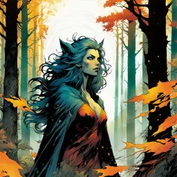 create a wildly conceptual print illustration of a feral wolven sorceress with highly detailed hair and feminine facial features, in an ethereal, otherworldly ,ancient autumn forest , in the comic book art style of Bill Sienkiewicz, Mike Mignola, Sparth, and Jean Giraud Moebius, finely drawn, colored, and inked, suffused with dramatic natural light and shadow of sunset