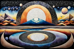 Pointillism surreal abstract landscape, standing and floating geometric shapes, circles, ovale and squares with overlapping shadows, and reflections in iced-desert scene, deep colours, surreal sky, lightning, watercolor with dark ink, masterpiece