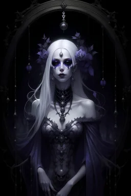 darkness, purple, jinn, occult, gothic, white lady completely skeletal queen of dead, no face, no eyes, white flowy hair, bone and silver crown, jewels and silver ornaments etched directly in her skeletal structure, ,tall, framed with grapevines