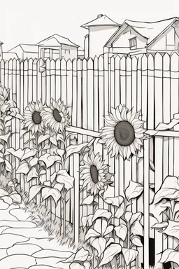 coloring page, sunflowers by the fence, cartoon style, thick lines, low detail, no shading