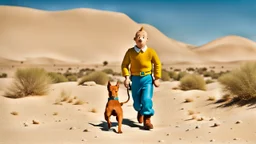 Tintin and hid dog in the desert