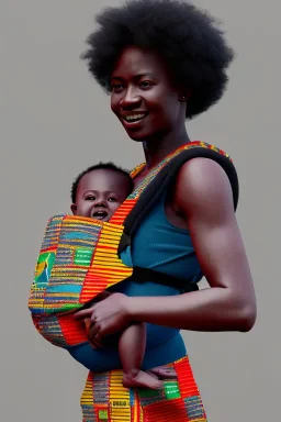 futuristic baby carrier in Kente, rusted clocks eyes, cinematic, scaffolding, ghana flag, african pattern symbols, black star, engraved, 8k quality