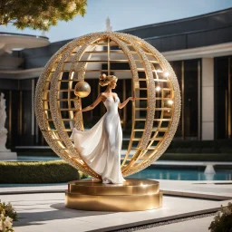 A magnificent golden and silver heart-shaped sign adorned with a stunning golden sphere encrusted with sparkling diamond clusters at its center, elegantly spinning in position,a girl statue standing pose