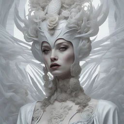 a close up of a person wearing a mask, digital art, inspired by Hedi Xandt, zbrush central contest winner, fantasy art, natalie shau tom bagshaw, elaborate ornate head piece, james jean andrei riabovitchev, beauty woman with detailed faces, white biomechanicaldetails, weta studio and james jean, attractive sci - fi face, shot with Sony Alpha a9 Il and Sony FE 200-600mm f/5.6-6.3 G OSS lens, natural light, hyper realistic photograph, ultra detailed -ar 3:2 -q 2 -s 750