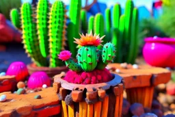 cute cacti creature on driftwood in the flowergarden