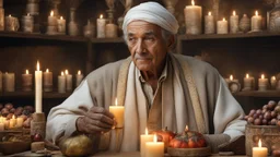 elderly male market trader selling many different types of candle, showing his head and upper body, perfect eyes, perfect anatomy, exquisite composition, beautiful detailed intricate detailed octane render, 8k artistic photography, photorealistic, soft natural volumetric cinematic perfect light, chiaroscuro, award-winning photograph, masterpiece, raphael, caravaggio, bouguereau