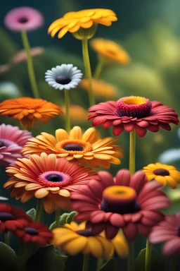 close up of a Fantasy miniscule gerbera daisy, each daisy has extra-large googly 3D eyes, and fantasy flowers and trees professional award-winning masterpiece rich colored airbrush oil painting on canvas Atmospheric extremely detailed