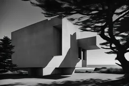 Minimalist concrete structure with geometric forms and dramatic shadows, near the ocean in seaside Oregon, inspired by awe, Brutalist style, Le Corbusier, photographed by Ezra Stoller