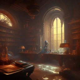 dark fantasy concept art, dynamic lighting, hyperdetailed, intricately detailed, Splash screen art, deep color, Unreal Engine, volumetric lighting, fantasy library artwork, indoors, cozy, leather, wood, library, books,