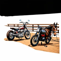 a new harley davidson pan america 1250 motorcycle, next to a new Indian Springfield Dark Horse motorcycle. next to a horse who's facing away and tied by the reins to a wood railing. white background. dirt ground. silkscreen style image