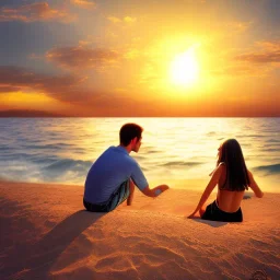 2 lovers watching the sunset sitting in the sand on a sand island