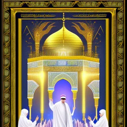 The scene in Mecca: People wearing white Ihram clothes, men without head coverings, women with veils, circumambulating around the Kaaba, and above them are transparent white spirits of children, men, and women with wings revolving around the Kaaba.