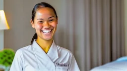 hotel housekeeping smiling with small white earbuds