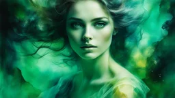 collage, old paper, slightly worn edges, alcohol ink, hyperdetail, portrait of a translucent woman surrounded by a rich dark green background with a slight mist and otherworldly glow, which creates a dreamy and ethereal atmosphere, Anna Razumovskaya, Anna Dittmann, Luis Royo