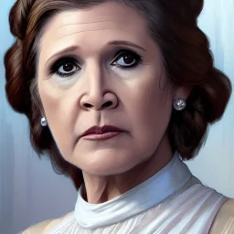 [[Carrie Fisher as Princess Leia]] :: [[sharp brown eyes, short hair, head and shoulders portrait, 8k resolution concept art portrait by Greg Rutkowski, Artgerm, WLOP, Alphonse Mucha, dynamic lighting, hyperdetailed, intricately detailed, trending on Artstation, triadic colors, Unreal Engine 5, volumetric lighting]]