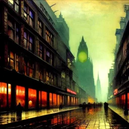 Corner building Metropolis ,dark colours, watercolor, volumetric, macro photograph , by john atkinson Grimshaw, detailed painting,matte painting, alphonse mucha, greg rutkowski,