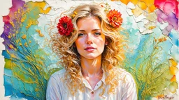 abstract art complementary colors fine details , old torn worn paper, high grain, portrait blonde , flowers in hair, acrylic, alcohol ink, fine drawing, A blonde woman in her 40s, with flowers woven into her loose, curly hair, sits in a whimsical, fairytale setting, surrounded by delicate swirling patterns reminiscent of the textures of old torn paper, in a vibrant, abstract style combining acrylic and alcohol ink techniques, with fine detailing that highlights complementary colors, in the expre