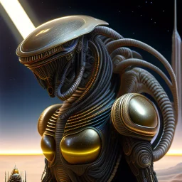 Alien scout, scifi, perfect composition, photorealistic, super detailed, 8k, high quality, intricate details, highly detailed, ambient lighting, in the style of H.R. Giger, Boris Vallejo