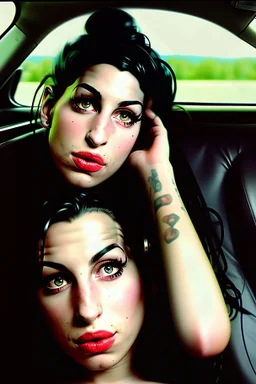 beautiful Singer Amy Winehouse, in a car, autochrome