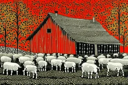 old barn in Style: Yayoi Kusama artist. landscape, pastoral, sheep