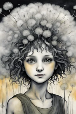 pencil and charcoal sketch of a cute happy little dandelion fairy girl, Mucha inspired emotional nature ephemeral sculptures of Andy Goldsworthy, tiny human form, essence captured as if created by surrealist photographer Noel S Osvald rendered in bright ombre colors, mixed with influences by John Bauer and Tim Burton, faded dark grey background, minimalistic art, with details that reflect advanced rendering techniques that push the drawing's realism even further Modifiers: trending on Artstation