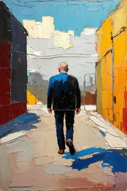 Abstract of a Man walks down empty street minimalist art in the style of Paul Klee with grunge heavy impasto textures