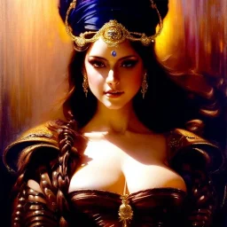 Drawing of beautiful face busty tavern wench,sweet stare,ancient leather armor, balanciaga fashion clothe painting by gaston bussiere, greg rutkowski, yoji shinkawa, yoshitaka amano, tsutomu nihei, donato giancola, tim hildebrandt, oil on canvas, cinematic composition, extreme detail,fit full head inside picture,16k