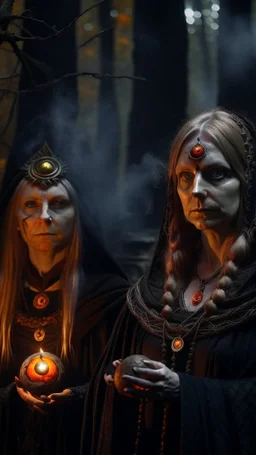 close up portrait of merciless medieval high priestess countess gorilla and her creepy sister in big eyed trance, fire ball portal, full moon, swirly mist,autumn wind, arcane invocation ritual of smoke demon with immense power in luminous stone altar ruins in dark forest grove, shot on Hasselblad h6d-400c, zeiss prime lens, bokeh like f/0.8, tilt-shift lens 8k, high detail, smooth render, down-light, unreal engine, prize winning