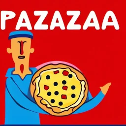 Pizza box holding a bald man, pizza icon on the box, high detail on face and pizza box, red and blue background,