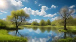 Spring Nature, lighting atmosphere, blue sky, a small lake, deep trees, clouds