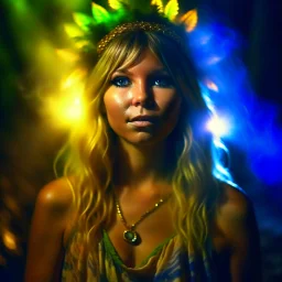 portrait of samantha fox hippie pixie hovering in the underground grove glowing light, in the style of dali, 8k, down-light, soft light, depth of field, photo realism, trending on art station, high detail, smoke and fog