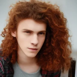 teen, male, with long red curly hair, head shot, model, real photo, soft lighting