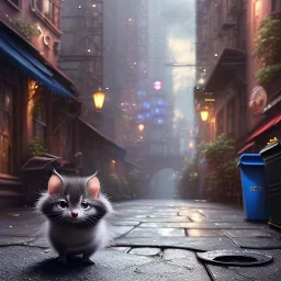 pixar style, volumetric New York back alley with steel garbage can environment and background, realistic painting of a cute Munchkin black kitten on the ground, looking excited, detailed digital painting, extreme dense and fine fur, anime, ornate, colour-washed colors, elegant, small minutiae, particulars, centered, smooth, sharp focus, renderman gofur render, 8k, uhd, detailed eyes, realistic shaded volumetric lighting, sunlight caustics, backlight, centered camera view