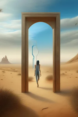 Bosch painting style a woman standing in front of a gate like a mirror in the middle of the desert in foggy sky