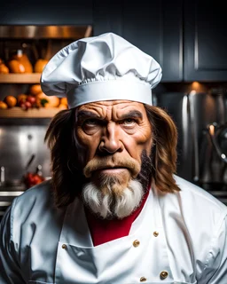 Hombre de Neandertal con traje de chef de cocina, gorro de chef, fondo cocina, calidad ultra, hiperdetallado, colores contrastantes