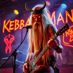 a very thin swedish viking man, evil with very long blonde hair (2 meter), (fat glowing eyes), he is called "KEBAB MAN" performing at death metal club, his name is "KEBAB MAN" kebab rolls On stage, kebab Neon lights and smog, and "KEBAB MAN" big sign on the wall, kebab tribal tattooes, spinning kebab machines, flames and smoke, chaos, he using gasolin and pour it on the guitar on the stage
