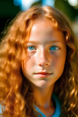 Porträt eines 13-jährigen Mädchens mit hellblauen Augen, Sommersprossen, sonnengebräunter Haut, rötlich-blonden langen Krauselocken