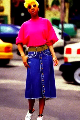 year 1996 denim fashion. Loose skirt, low waist. Colors: denim blue, blue, purple, cream, khaki, light green, lilac, plum, orange, terracotta, red, light yellow, pink, dark blue, beige. Cheetah pattern. Gwen Stephani, Missy Elliot, Shirley Manson.