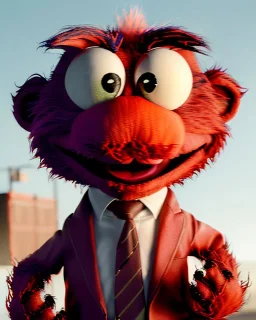 Realistic image, hybrid formed by simple Elmo muppet head and real human body, human arms and hands, Shirt and tie, concept art, smooth, unreal engine 5, god lights, ray tracing, RTX, lumen lighting, ultra detail, volumetric lighting, 3d, finely drawn, high definition, 4k.