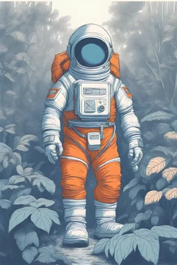giant-headed dwarf astronaut walks in the jungle, disproportionte, white, dark blue, orange, light blue, risograph