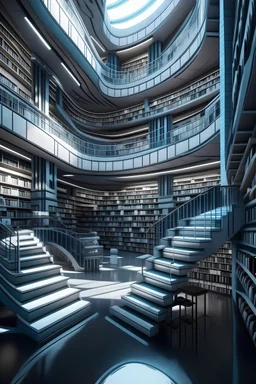 How would a really really really futuristic library look like in the future (super cool features, shelves popping out, cool designs) large and plenty of space. Helping robots climbing stairs to take books down.