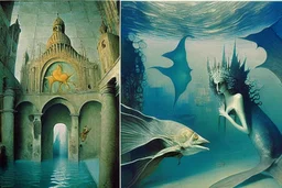 Mermaids in underwater city by "Leonora Carrington" and "Max Ernst" and "Michelangelo da Vinci!