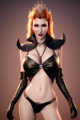 Brandi Love as evil queen in black leather, leather, busty, cleavage, angry, stern look. character design by cory loftis, fenghua zhong, ryohei hase, ismail inceoglu and ruan jia. unreal engine 5, artistic lighting, highly detailed, photorealistic, fantasy