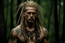 photorealistic portait of henry cavell as modern warrior with blonde dreadlocks tribal tattoos dark fantasy dark forest
